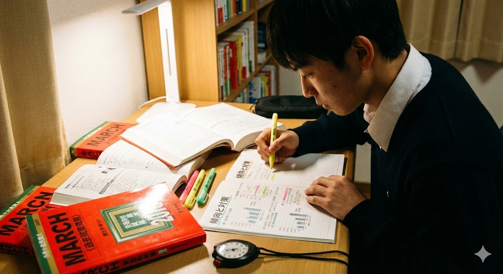 「過去問っていつから解き始めればいいの？」「何年分やればいい？」そんな受験生の悩みに答えます。偏差値40からMARCHに合格した管理人が、赤本を単なる実力試しではなく「合格への宝の地図」に変えるための具体的な分析方法とスケジュールを解説。解きっ放しは厳禁。得点率3割からの復習法とは。