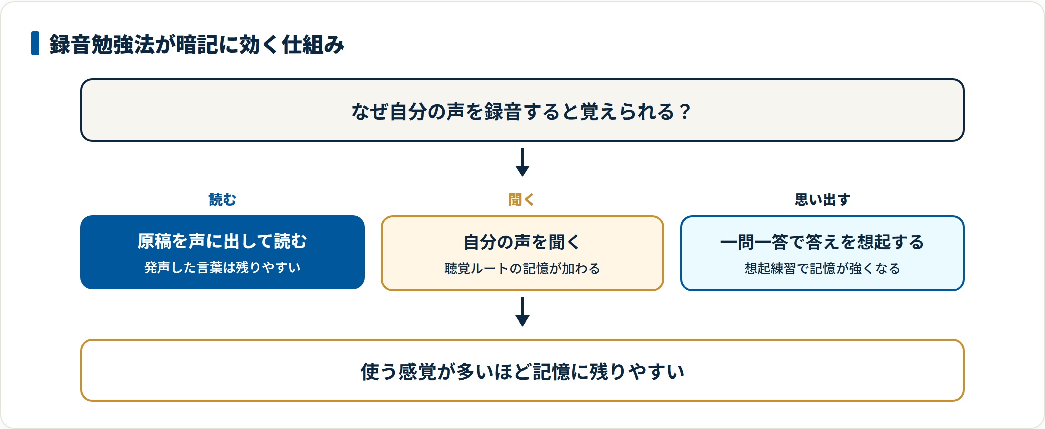 録音勉強法が読む・聞く・思い出すの多感覚で定着する仕組みの図。