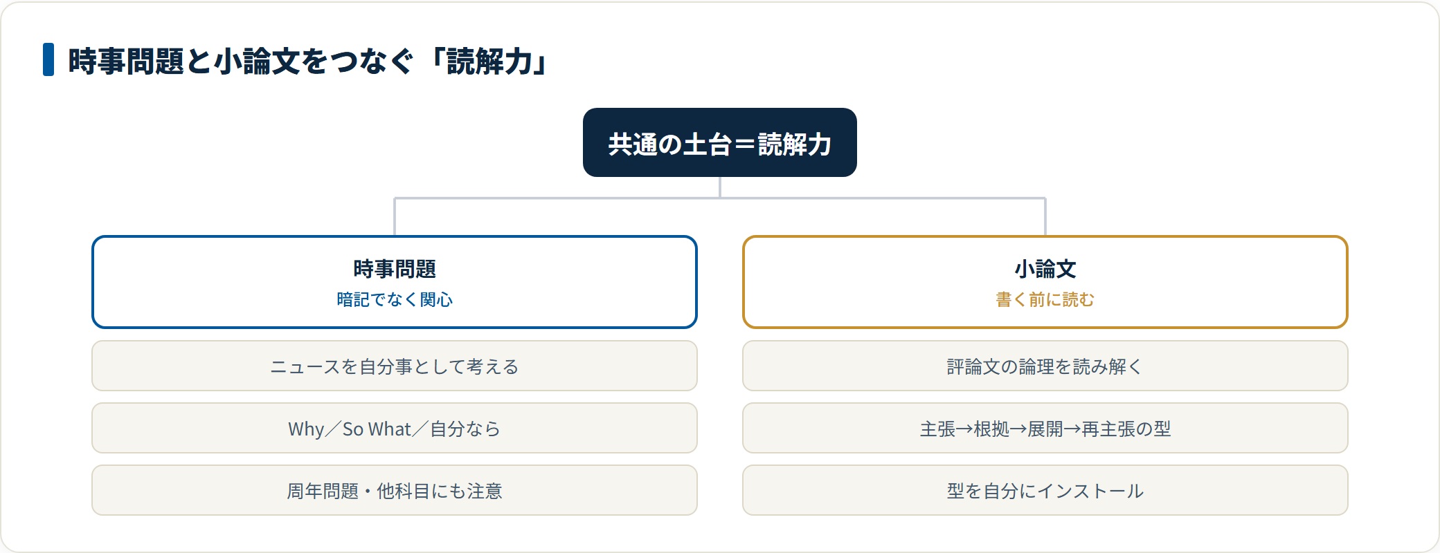 時事問題と小論文が読解力を共通土台に持つことを示す分類ツリー図。