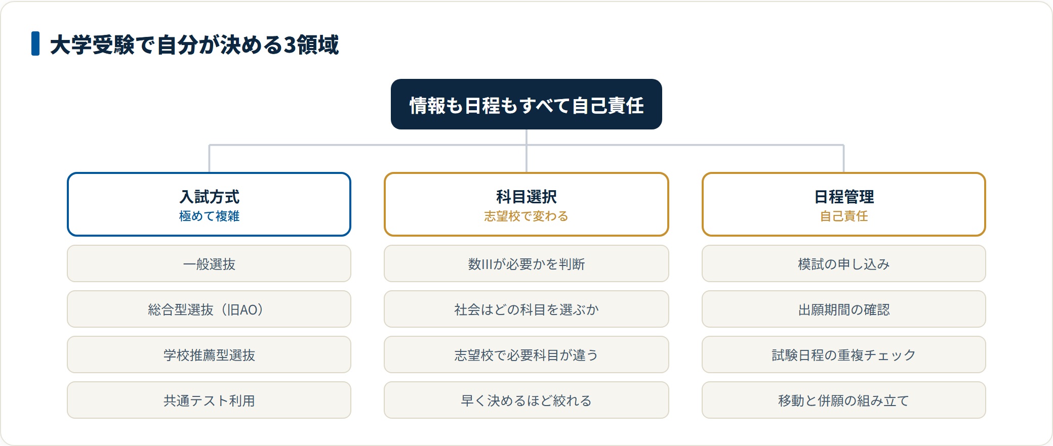 大学受験で受験生自身が判断する必要がある3領域を整理した図。入試方式の選択、志望校ごとに異なる科目選択、模試や出願のスケジュール管理をそれぞれの項目に分けて示している。