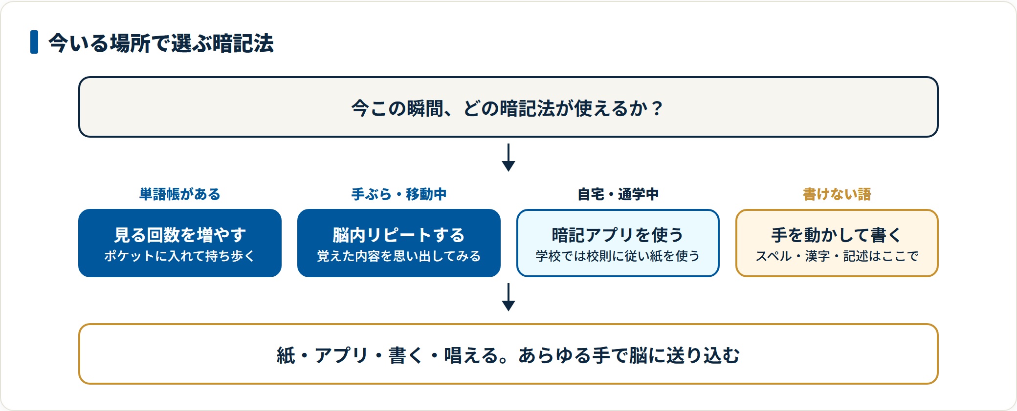 その場の状況に応じて暗記法を選ぶ図。単語帳が手元にあるときは見る、手ぶらのときは脳内リピート、自宅や通学中はアプリ、書けない語は実際に手を動かして書く、という使い分けを示している。