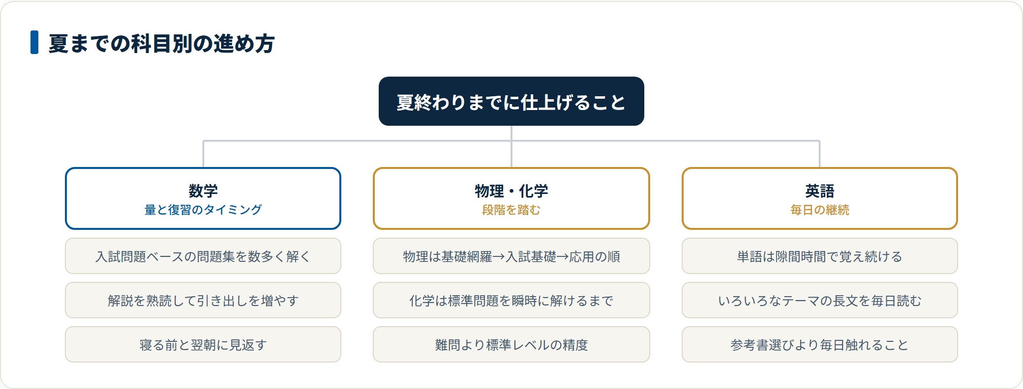 数学は解法の引き出しを増やし、物理と化学は段階を踏んで標準レベルを固め、英語は単語と長文に毎日触れるという夏までの科目別の進め方の図